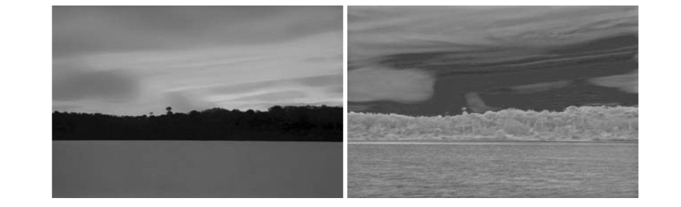 Bilateral filtering removes small details but preserves sharp gradients (left). The associated detail layer is shown on the right.